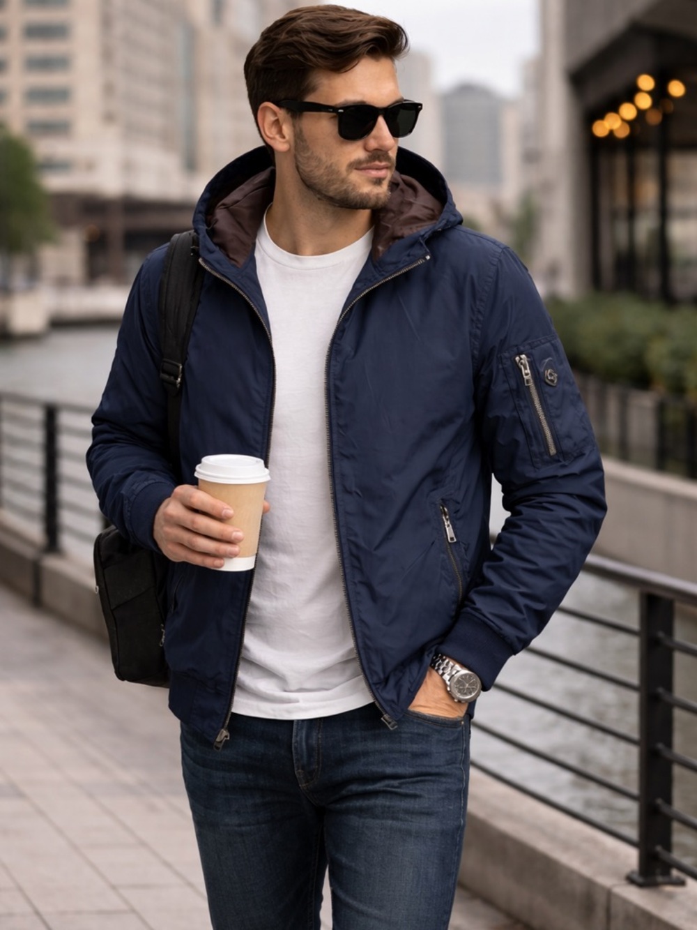 MICHAEL KORS MK Navy Blue Hooded Windbreaker Jacket Zip Gorpcore Utility Tech